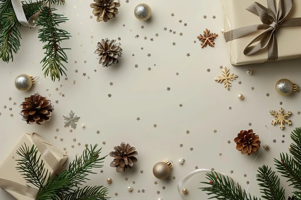 A flat lay of a Christmas scene featuring pine cones, pine branches, gold ornaments, a wrapped gift, and snowflakes scattered on a white surface.  The image is arranged in a festive and minimalist style.  The white background creates a clean and elegant feel, while the gold accents add a touch of sparkle and warmth.