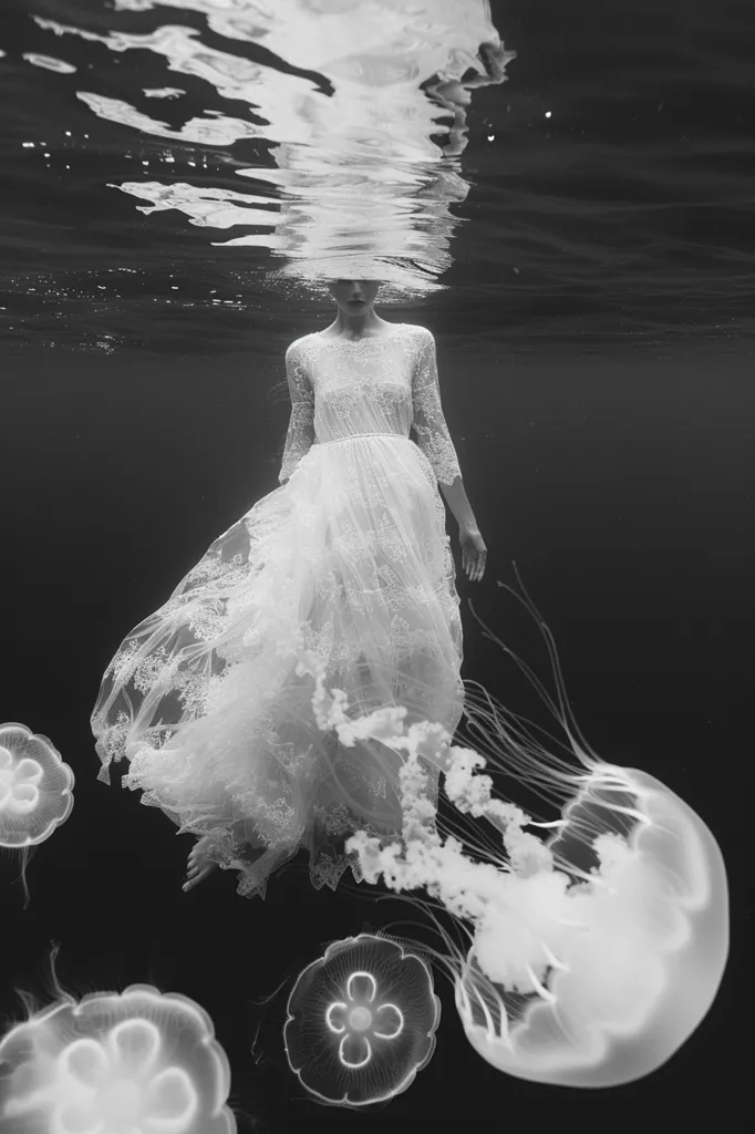 A woman in a flowing white gown stands submerged in dark water, her hair blending with the ripples above her. Her head is tilted slightly, eyes closed.  She is surrounded by several translucent jellyfish, their bell-shaped bodies illuminated by the dim light. The image is in black and white, highlighting the stark contrasts between the woman's white dress, the darkness of the water, and the delicate beauty of the jellyfish.