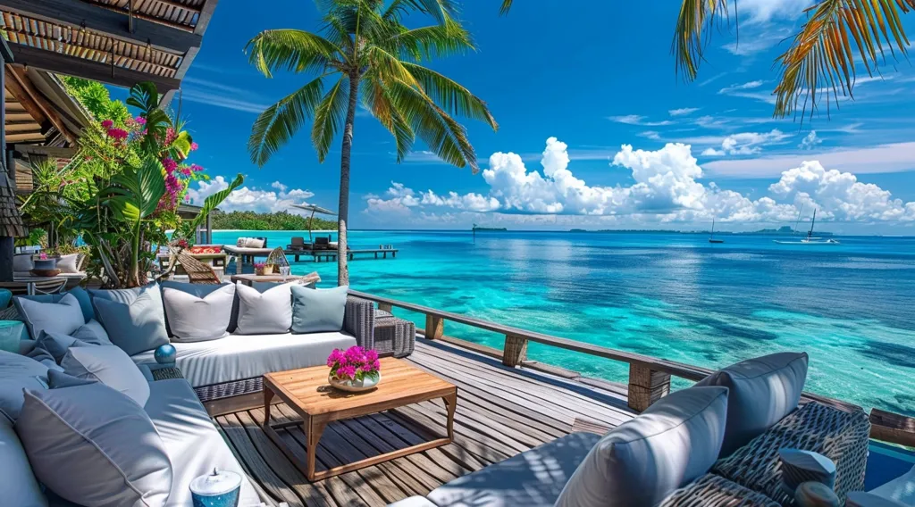 A luxurious outdoor lounge area overlooks a stunning turquoise ocean. The wooden deck, adorned with white cushions and a low wooden table, provides a tranquil setting. A tall palm tree stands nearby, casting shade over the scene. The azure sky is dotted with fluffy white clouds. Two sailboats dot the horizon, adding to the idyllic tropical paradise.