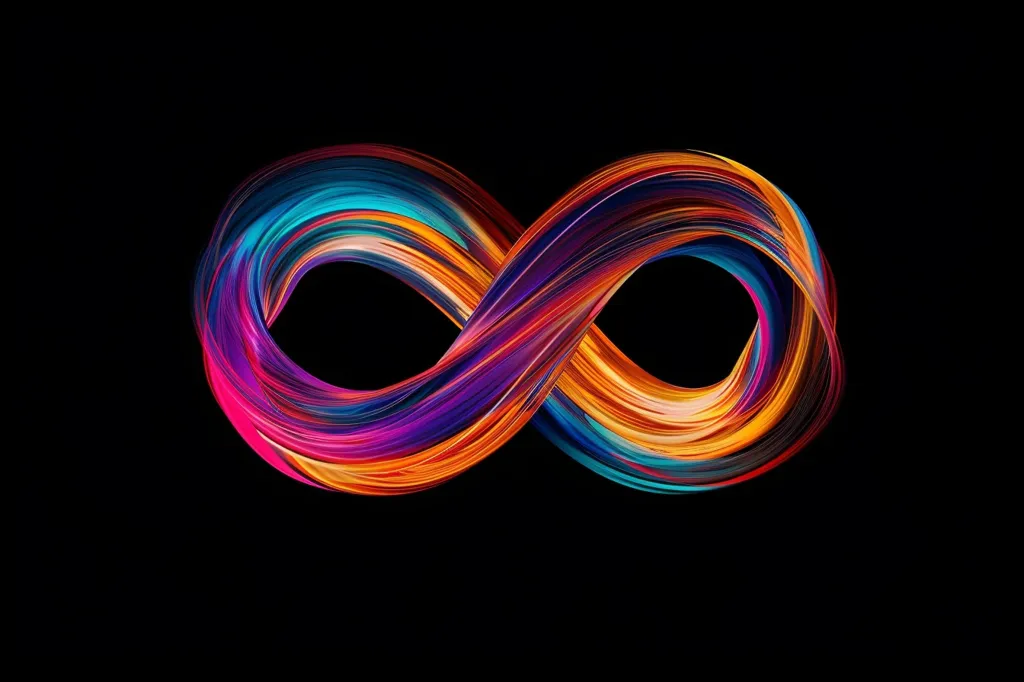 The image depicts a vibrant, abstract infinity symbol. It is composed of a swirling, dynamic, and seemingly liquid form. The colors are a mixture of bright hues, including oranges, reds, purples, and blues. The symbol is set against a stark black background, making its colors pop and the abstract nature more pronounced. The image is likely a digital creation, highlighting the interplay of color, form, and digital artistry.