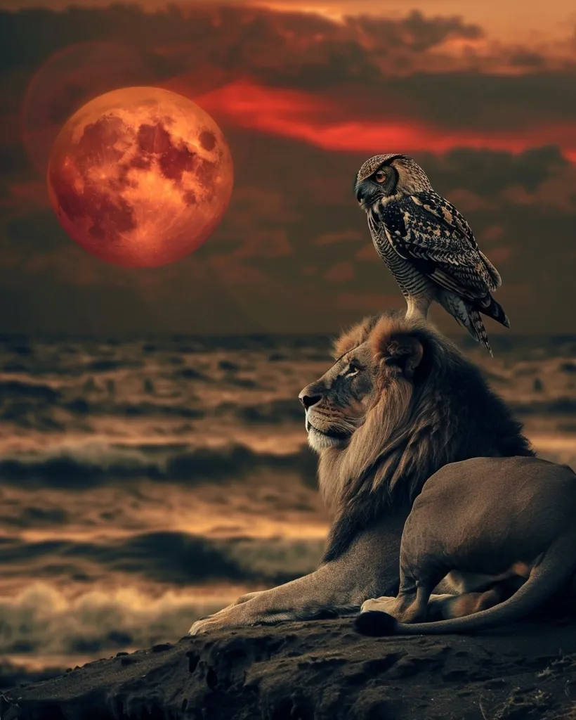 A majestic lion sits atop a rocky cliff, gazing out at a fiery red moon, with a wise owl perched atop his mane. The scene evokes a sense of strength and wisdom, with the lion embodying power and the owl symbolizing knowledge. The fiery sky and the vast, textured landscape create an atmosphere of both wonder and mystery.
