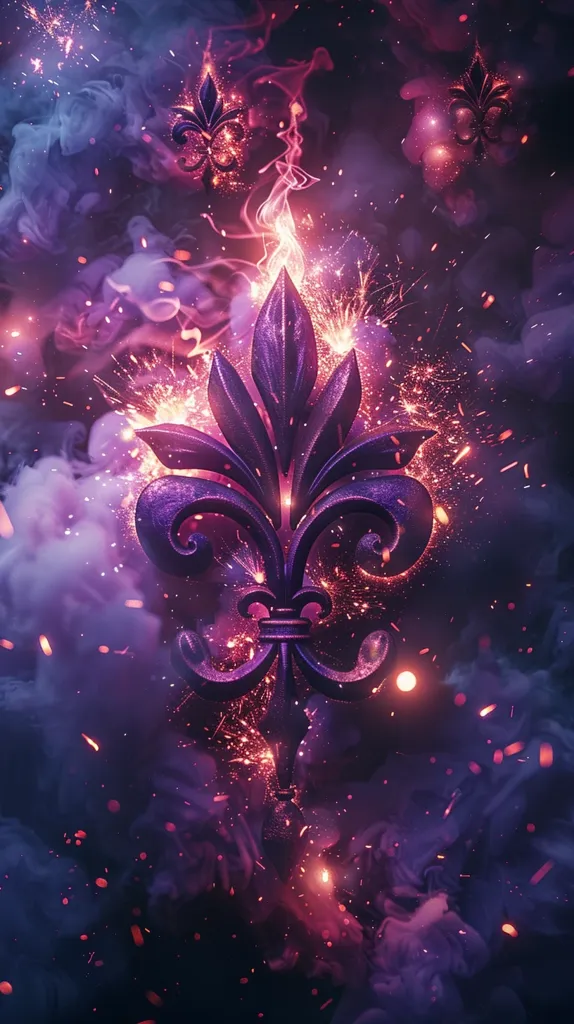 A large, ornate fleur-de-lis sits in the center of the image, surrounded by swirling purple and pink smoke.  Sparklers burst around it, creating a magical and ethereal effect.  The smoke and sparks create a dynamic composition, drawing the eye to the center of the image.  The image is full of color and movement, making it both visually appealing and thought-provoking.