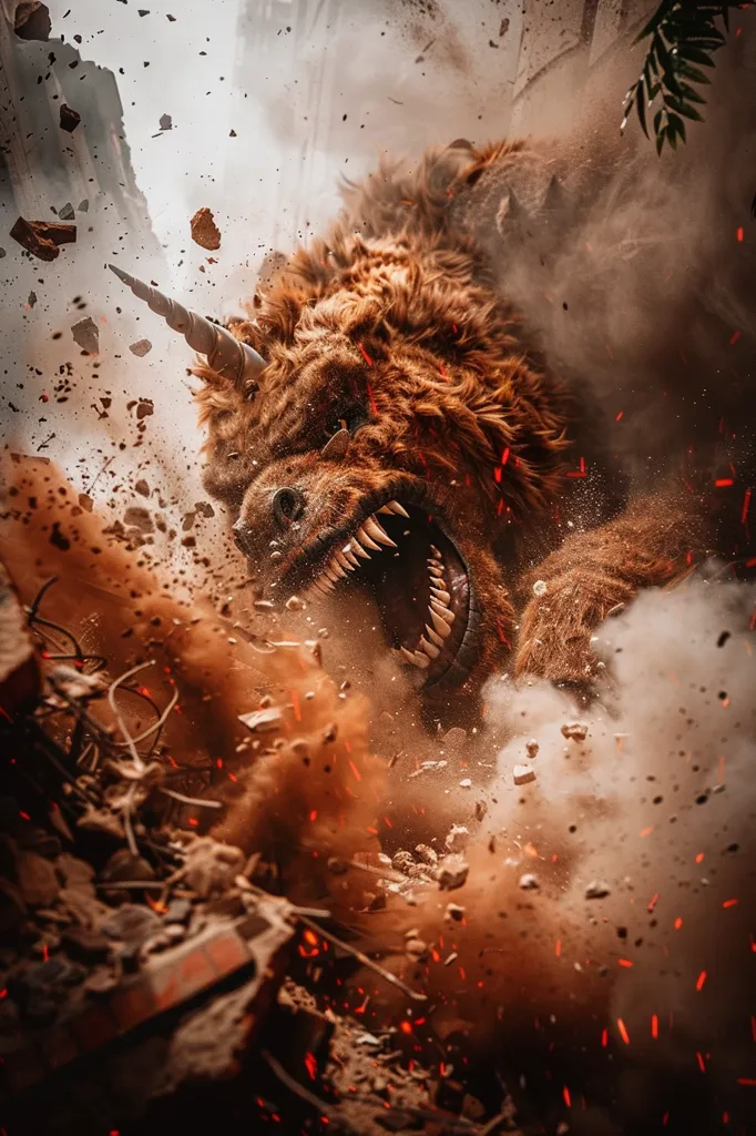A monstrous, furry creature with a horn bursts through a cloud of dust and debris, its mouth agape in a ferocious roar. The creature's powerful presence and the surrounding chaos create a sense of awe and impending danger. The image captures the raw power and destructive force of this mythical beast.