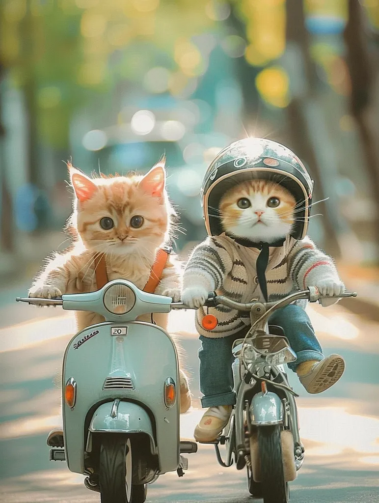 Two adorable cats are riding scooters down a road. The cat on the left is a ginger tabby and the cat on the right is a white and grey tabby wearing a helmet and a striped sweater. The cat on the left is driving a light blue scooter while the cat on the right is riding a smaller, dark blue scooter. The background is a blurred image of a green, sunny road with a tree to the right of the image.  The cats have wide eyes and appear to be enjoying their ride.
