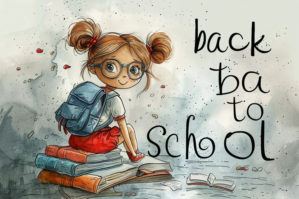A cartoon girl with glasses and pigtails sits on a stack of books, wearing a backpack and a red skirt. The girl is smiling and looking to the right, and the words "back to school" are written in bold, black letters to the right of her. The background is a watercolor wash of grey and white.  The scene is whimsical and playful, capturing the excitement of going back to school.