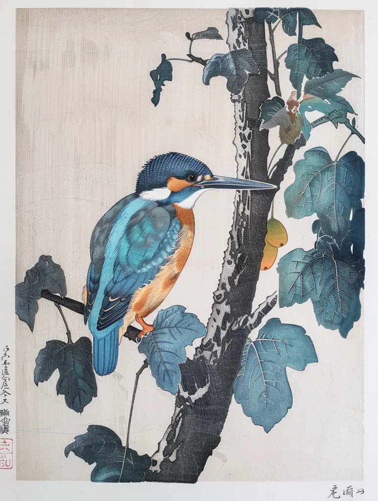 The image is a Japanese woodblock print depicting a kingfisher perched on a branch of a tree. The bird's blue and orange plumage is rendered in fine detail, and the tree's leaves are depicted in shades of blue and green. The image is set against a cream background and is signed by the artist in Japanese characters. The print is a beautiful example of Japanese art, showcasing the artist's mastery of color and composition.