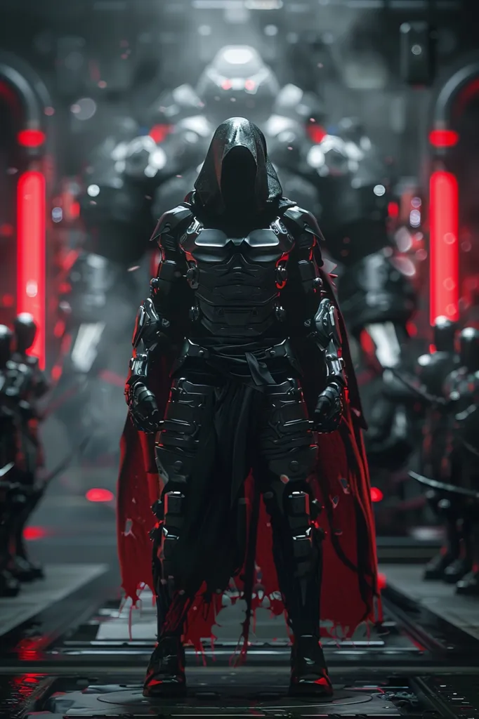 A lone figure stands in a futuristic setting, clad in black armor and a flowing red cape. The figure's face is obscured by a hooded cowl, adding an air of mystery. The background is filled with blurry figures, hinting at a vast army or a bustling metropolis. The scene evokes a sense of power, secrecy, and impending action.