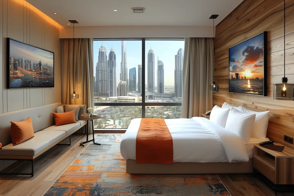 A modern hotel room with a large window offering a stunning view of Dubai's skyline. The room is decorated with warm tones and features a comfortable bed, a sofa, and a wooden wall. An orange runner on the bed adds a pop of color. The room is bathed in natural light and exudes a sense of tranquility.