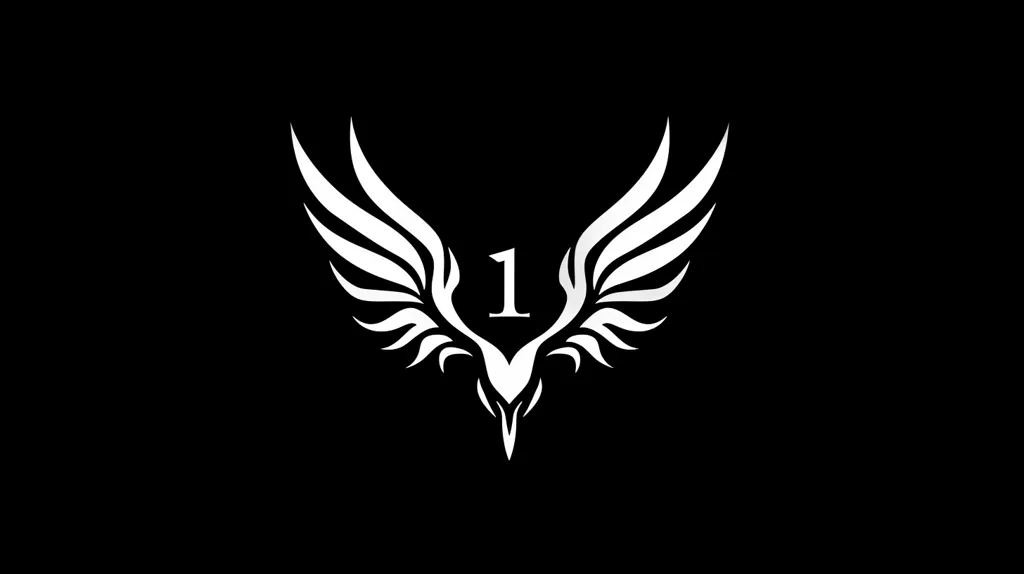 The image is a black and white logo of a stylized phoenix with its wings spread wide. In the center of the phoenix is the number "1", which is outlined in white. The image is simple but impactful and suggests strength, power, and rebirth.  The black background enhances the contrast of the white logo.
