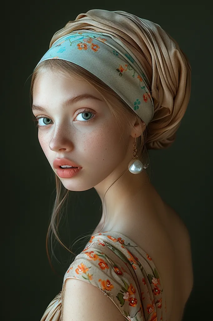 A young woman with fair skin and light brown hair is wearing a light brown headscarf with a floral pattern tied around her head. The scarf is draped over her head and around her neck. She is wearing a floral-patterned dress that is visible on her right shoulder. She has a pearl earring in her right ear. The background is a dark green. She is looking directly at the camera with a soft, thoughtful expression.