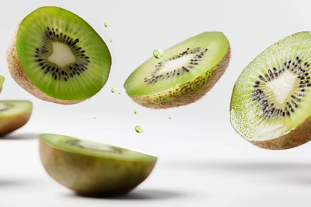Four halved kiwi fruits are floating in the air against a white background.  They are illuminated from above, emphasizing the green flesh and black seeds.  Water droplets are falling from the fruit.  The image has a clean, crisp, and vibrant quality.  The composition is dynamic and playful.