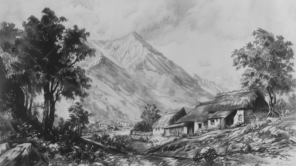 A black and white drawing of a quaint cottage nestled in a mountainous valley. The cottage has a thatched roof and is surrounded by trees. The mountains in the background are snow-capped. The drawing is detailed and captures the beauty of the natural landscape.