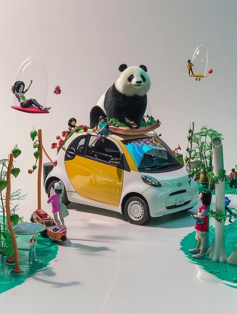 A miniature yellow and white car is parked in a whimsical scene. A panda sits on the car's roof, while tiny figures stand around. One figure rides a skateboard in a bubble, and another is holding a book. The background features trees and other foliage, adding to the playful, surreal atmosphere.