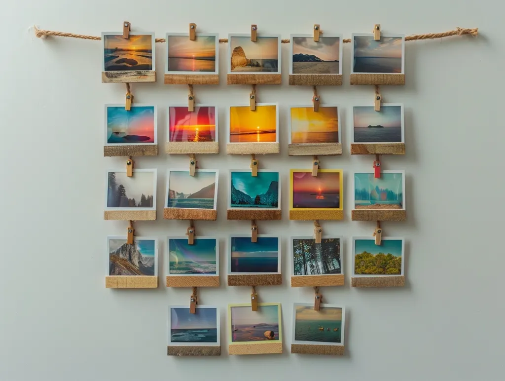 A wall display of twenty-four photos, each held by a wooden clothespin, is strung along a rope. The photos, arranged in four rows, depict a variety of landscapes, including mountains, lakes, forests, and coastlines. The images capture a sense of nature and adventure, with vibrant colors and diverse compositions. The photos are hung against a white background, creating a clean and minimalist aesthetic.