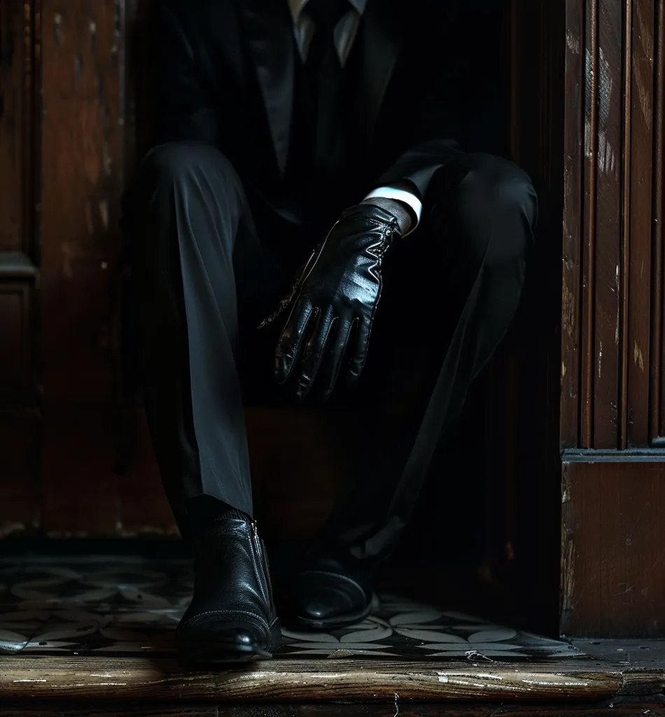 A man dressed in a black suit and gloves sits with his legs crossed, leaning against a wooden door frame. The lighting is dim, creating a mysterious and shadowy atmosphere. The man's face is obscured, leaving his identity unknown. The composition focuses on the man's attire and posture, suggesting an air of secrecy and intrigue.
