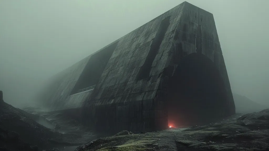 A massive, concrete structure, possibly a bunker or an abandoned military installation, looms in the distance, shrouded in a thick, ominous fog. The structure's imposing form, with its angular lines and dark, shadowy recesses, creates a sense of mystery and foreboding. A faint, reddish glow emanates from the entrance, hinting at an unknown presence within. The landscape is barren and desolate, devoid of life except for the scattered rocks and sparse vegetation. The scene evokes a sense of isolation and unease, leaving the viewer to wonder what secrets lie hidden within the fog-enveloped structure.