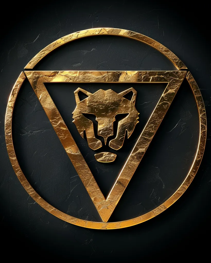 A golden circle with a triangular shape inside. The triangle has a stylized golden animal head in its center. The background is dark and textured, giving a sense of depth and mystery. The design is reminiscent of a heraldic symbol.
