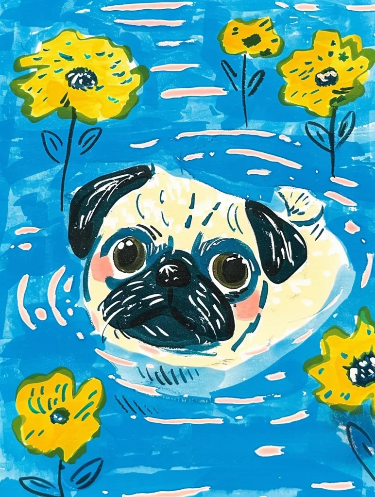 A whimsical painting of a pug swimming in a blue body of water with yellow flowers and pink stripes. The pug's face is close-up, with its big eyes, black nose, and wrinkled face looking cute and innocent. The bright colors and bold lines create a playful and fun atmosphere.