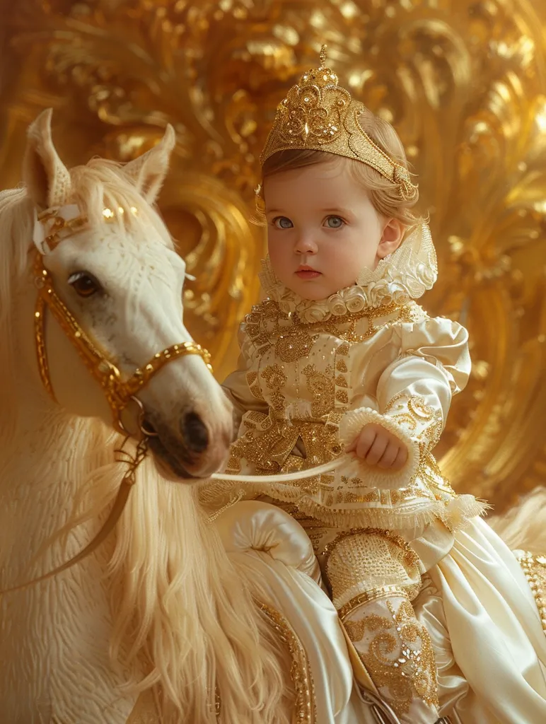 A young girl, adorned in a sparkling gold dress and a crown, sits astride a white horse.  Her eyes are wide and innocent, gazing out from beneath the ornate crown. The horse's mane and tail are flowing, and the background is a blur of golden light and textures, creating a fairytale-like setting.  The overall image evokes a sense of regality, grace, and childhood dreams.