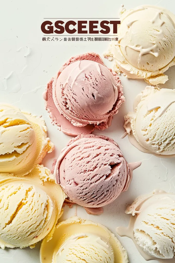 A close-up shot of six scoops of ice cream on a white surface. Two scoops are a pale pink, two are a creamy white, and two are a bright yellow. The ice cream is slightly melted and has a textured surface. The background is blurred and the image is lit from above.  The words "GSCEEST" and some Japanese writing are in the top left corner.