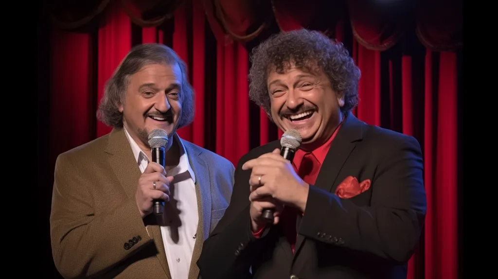 Two men in suits are on stage in front of red curtains, each holding a microphone and laughing. The man on the left is wearing a brown jacket and the man on the right is wearing a black jacket with a red tie. Both men have dark hair and mustaches. They appear to be in the middle of a comedic routine.