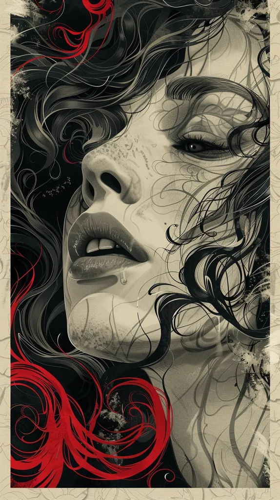 The image is a close-up portrait of a woman with flowing black hair and red highlights. The woman's face is partially obscured by her hair, but her lips and one eye are visible. The image is stylized with intricate lines and textures, creating a sense of depth and mystery. The overall tone is dark and moody, with a hint of sensuality.