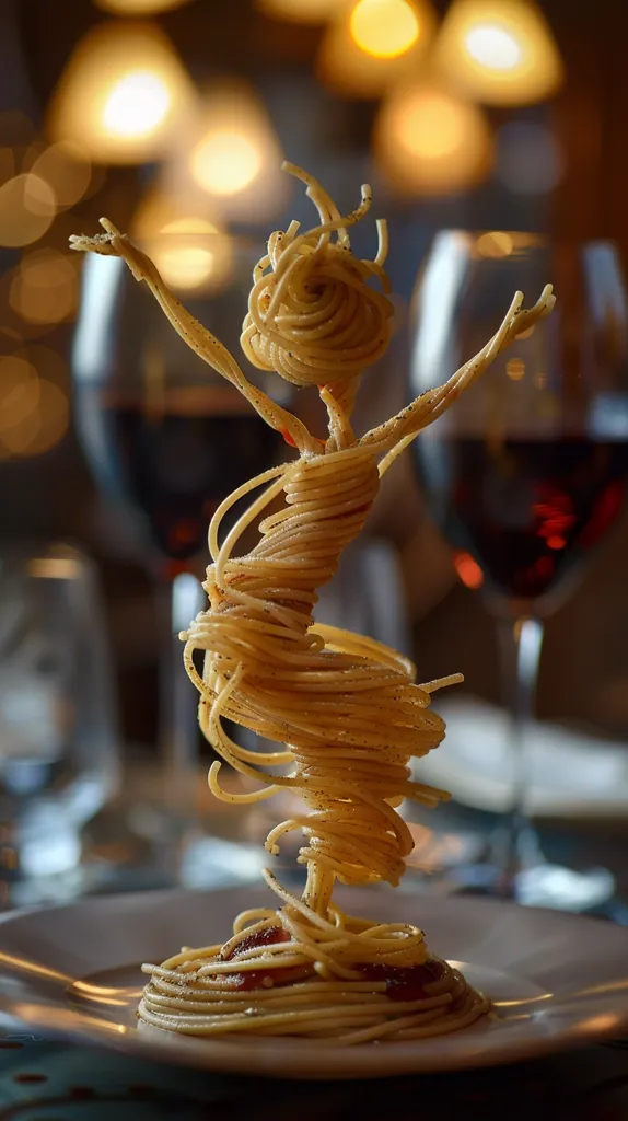 A plate of spaghetti is artfully arranged to look like a dancing figure. The spaghetti is shaped into a human form with outstretched arms and a twisting torso. The pasta is glistening, suggesting it has been tossed in sauce. The background is a blur of warm lights and red wine glasses, creating a romantic ambiance.  The image is a playful and creative presentation of a simple dish.