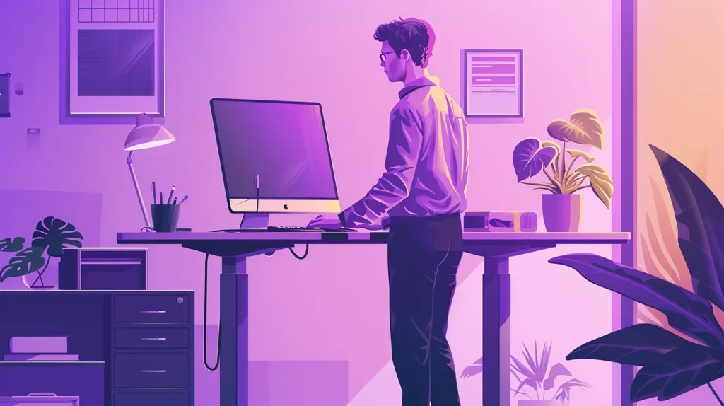 The illustration depicts a man working at a standing desk in a room bathed in purple light. He is using a computer, while plants add a touch of nature to the space. The desk is minimalist and modern, with an adjustable height, suggesting a focus on ergonomics. The overall mood is calming and focused, emphasizing the importance of well-being in the workplace.