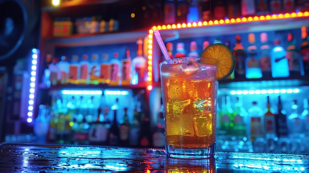 A close-up of a refreshing cocktail in a glass with ice cubes and a lime wedge on a bar counter. The background is a blurred out view of a bar with shelves stocked with liquor bottles. The bar is illuminated with colorful lights, creating a vibrant and festive atmosphere.  The scene suggests a lively social gathering in a bar setting.