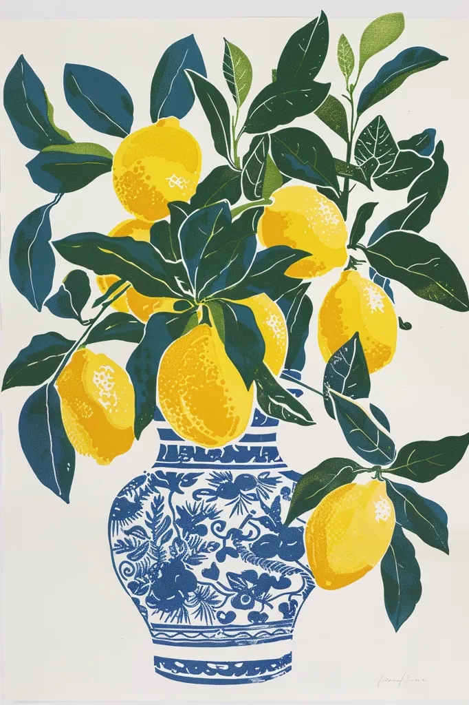 A blue and white porcelain vase with a floral pattern holds a branch of lemons. The lemons are bright yellow and the leaves are a deep green. The background is a simple off-white.  The artwork is a colorful and vibrant depiction of a classic still life.