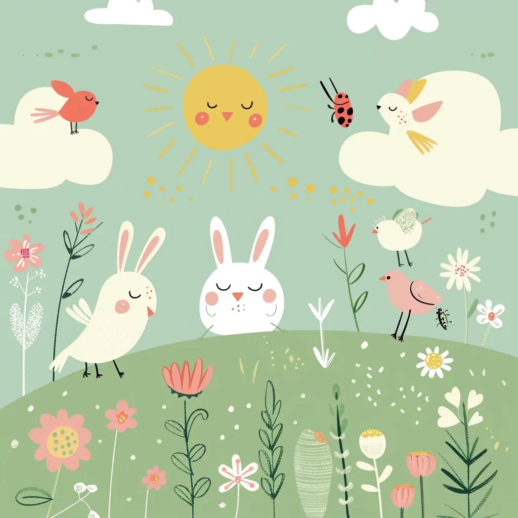 A whimsical illustration of a sunny day in a meadow with two bunnies, a ladybug, a bird, and a flower. The bunnies have closed eyes and are in a calm and peaceful setting. The colors are bright and cheerful, creating a happy atmosphere. The grass and flowers are vibrantly colored and add to the charming nature of the scene.  The overall design is simple yet delightful, evoking feelings of joy and tranquility.