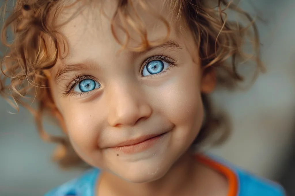 A young child with curly blonde hair and bright blue eyes smiles softly at the camera. The light catches the child's skin, highlighting their features. Their eyes sparkle with innocence and curiosity. They are wearing a blue shirt with an orange trim.