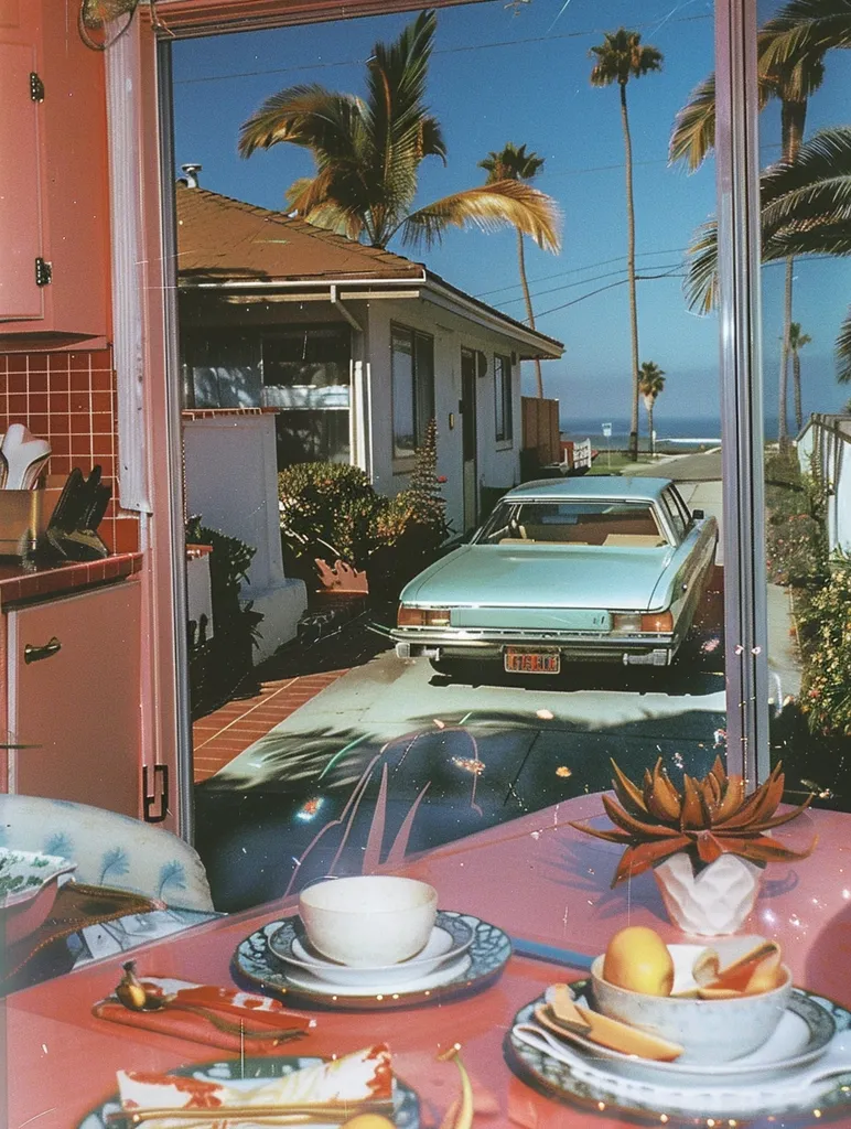 A vintage-style photo of a pink kitchen with a view of a suburban home and a car parked in the driveway.  Palm trees line the street leading to the ocean in the distance.  The scene is captured through a window, with a table and plates set for a meal in the foreground. The photograph has a warm, nostalgic feel, with a faded, retro aesthetic.  The image evokes a sense of calm and relaxation, reminiscent of a carefree summer day.