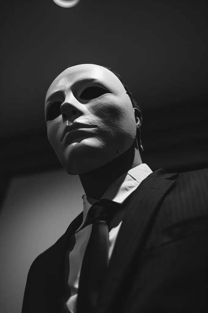 A person in a suit and tie wears a blank white mask over their face. Their eyes are covered, and their expression is hidden. The image is in black and white, creating a sense of mystery and intrigue. The person is standing against a dark background, adding to the atmosphere of suspense.  The image is a powerful visual representation of anonymity and concealment.