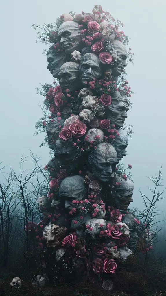 A surreal and macabre image.  Numerous faces, seemingly carved from stone, are densely stacked upon each other and entwined with pink roses. The faces are weathered and aged, each holding a different expression, with the roses blooming around them as if they are growing out of their stone heads. The backdrop is a misty, dark forest with bare branches.  The overall atmosphere is eerie and unsettling.