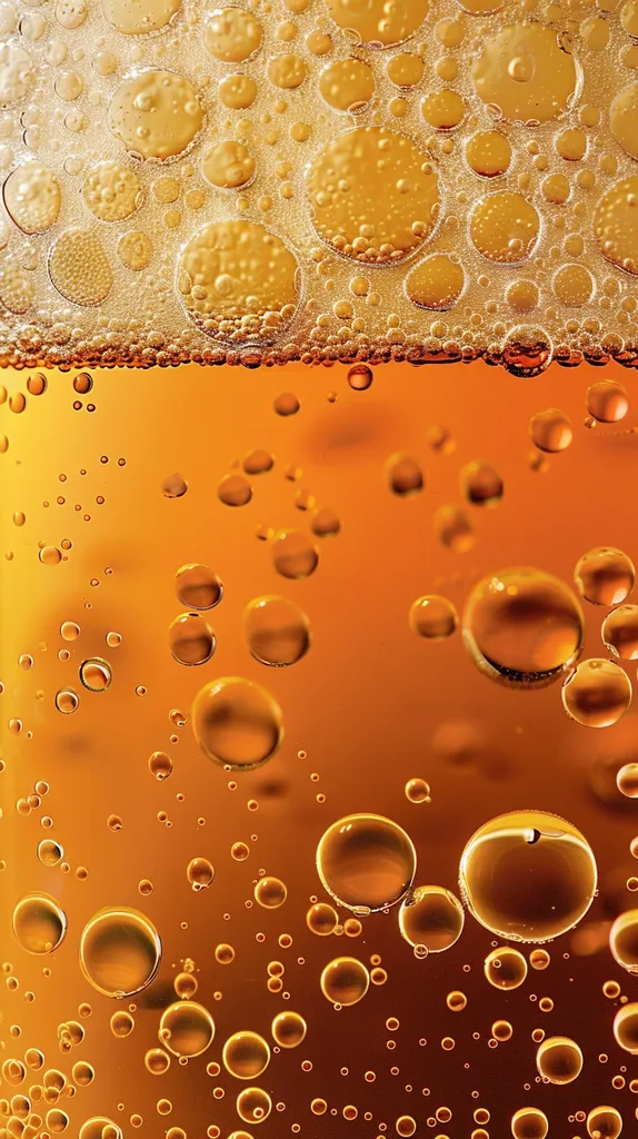 The image shows a close-up of a liquid, likely a beverage, with a layer of bubbles on top. The bubbles are of varying sizes and are arranged in a honeycomb pattern. The liquid below the bubbles is a warm, orange-brown color, suggesting a sweet drink like soda or juice. The overall effect is one of bubbly effervescence and lightheartedness.