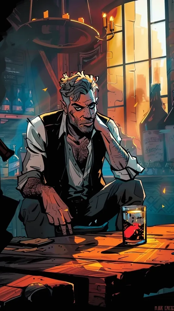 A man with a rugged face and a scruffy beard sits at a wooden table in a dimly lit tavern. He wears a vest over a white shirt, his hand resting on the table. A glass of dark liquid sits beside him. Bottles line a shelf behind him, and a large window casts warm light through the room.