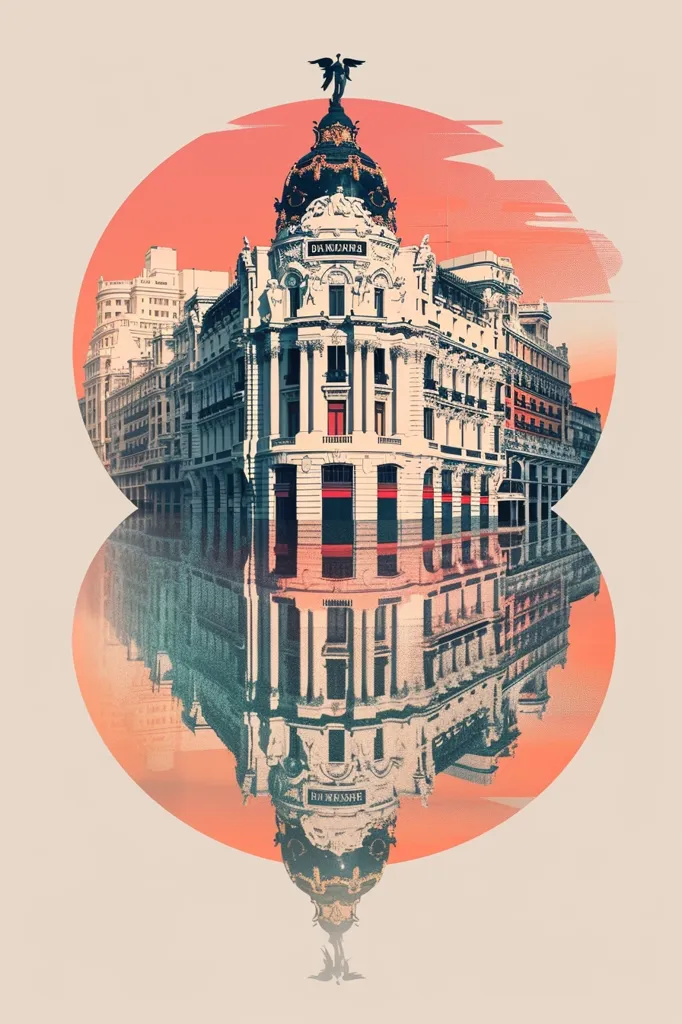 The image depicts a building with a grand, ornate facade, featuring a large dome and intricate details. It is reflected upside down in a pool of water, creating a symmetrical composition. The background features a red-orange circle, representing a setting sun or a sky with a warm glow. The overall aesthetic is vintage and artistic, with a stylized and graphic quality.