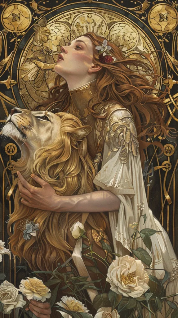 A woman with long flowing brown hair wears a white gown adorned with intricate gold embroidery. She cradles a lion in her arms, its head tilted upwards, looking towards the sky.  The background is an ornate circular frame with intricate gold designs, creating a sense of luxury and grandeur. White roses bloom in the foreground, adding a touch of elegance and romance to the scene.  The overall tone is a romantic and fantastical portrayal of a woman with a noble animal companion.