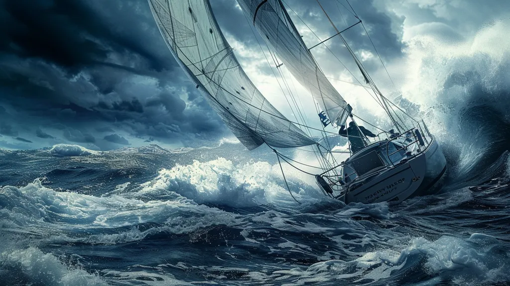 A sailboat with its sails billowing is caught in a raging storm at sea. The waves are crashing around the boat, and the sky is dark with stormy clouds. The boat is tilting precariously, but the crew is determined to weather the storm.
