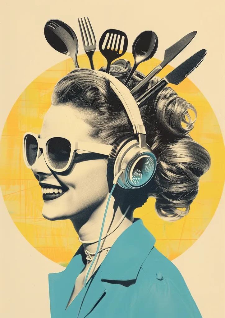 A woman with dark hair styled in a bouffant wears large sunglasses and headphones.  She is smiling and looks to the right of the image. Her hair is adorned with a variety of kitchen utensils including spoons, forks, and knives.  The image has a retro, vintage feel.  The background is a yellow circle with grid pattern.