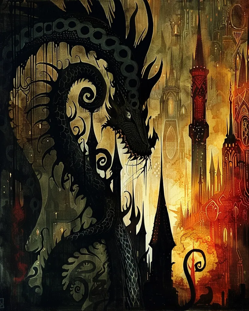 A dark silhouette of a dragon dominates the left side of the image, its intricate scales and sharp teeth visible against a background of a gothic cityscape. The city, rendered in warm hues of orange and red, is filled with towering spires and intricate architecture. The dragon appears to be guarding the city, its presence casting a looming shadow over the scene. The overall mood is one of mystery and intrigue, hinting at a tale of power, magic, and perhaps even danger.