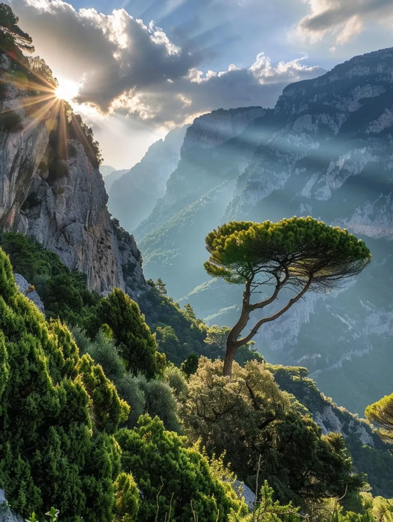 The image showcases a breathtaking mountain landscape bathed in the golden glow of a setting sun. The sun's rays pierce through the clouds, casting long shadows across the verdant slopes. A lone tree stands out against the majestic backdrop, its branches reaching towards the sky. The image evokes a sense of tranquility and awe, highlighting the beauty and grandeur of nature.