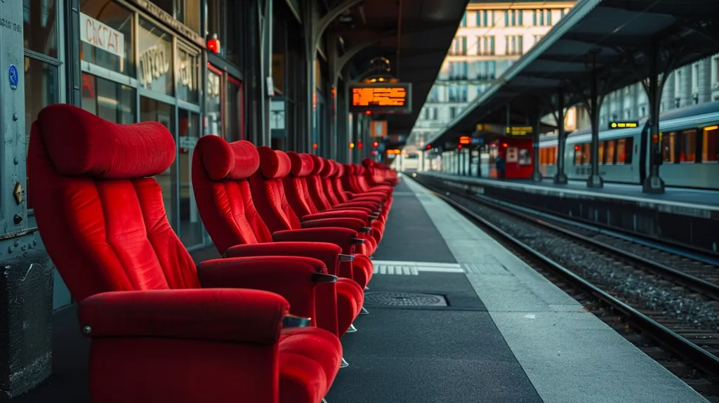 A row of red velvet seats line a train platform, extending towards a departing train in the distance. The seats, with their high backs and plush upholstery, offer a comfortable view of the bustling activity on the tracks. The grey concrete platform and the steel rails create a sense of urban modernity. The overall image captures the quiet moment before a journey begins.