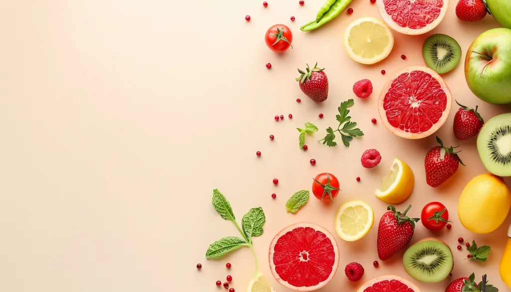 The image features a vibrant array of fresh fruits and vegetables, including strawberries, grapefruits, kiwi, lemons, tomatoes, and a green apple. They are scattered across a light pink background with small red berries sprinkled throughout. The composition is aesthetically pleasing, creating a visual feast for the eyes.  It's a celebration of healthy and delicious ingredients, making it perfect for promoting a healthy lifestyle or a vibrant food blog.