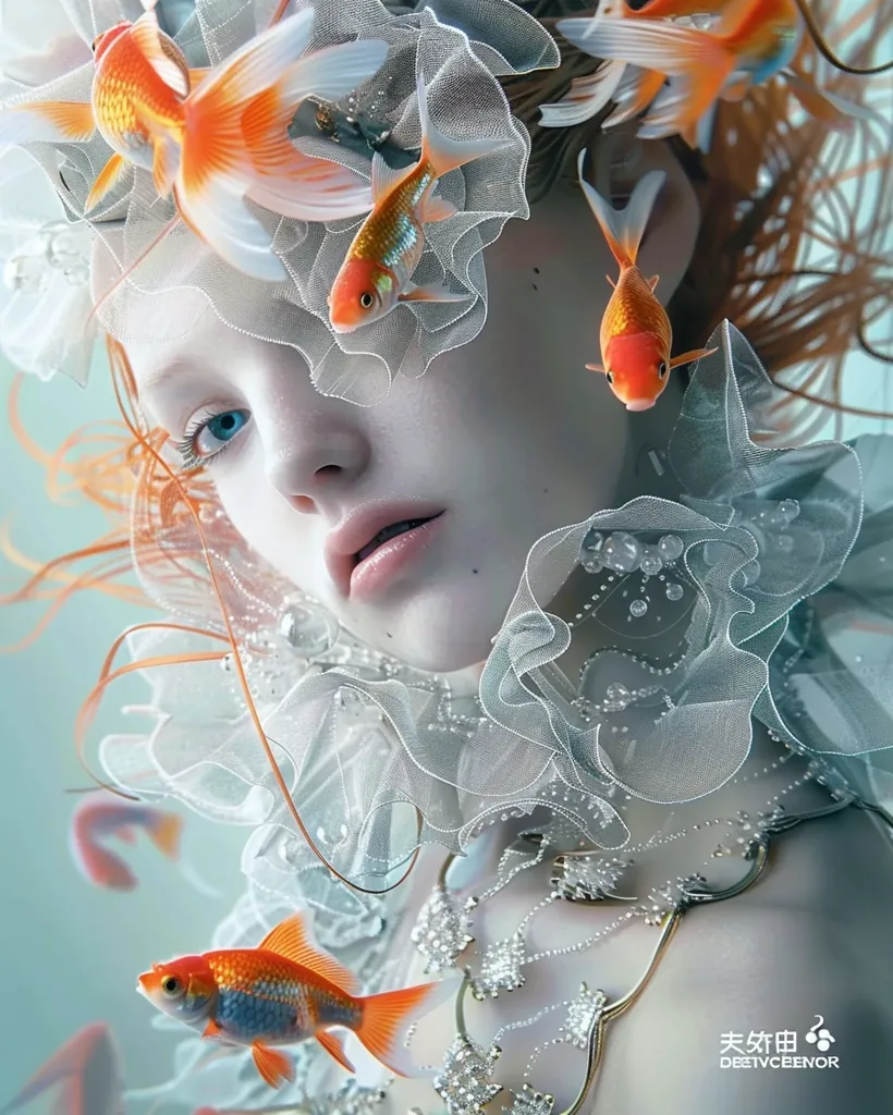 A woman with pale skin and red hair is surrounded by delicate, white fabric. She has large blue eyes and full lips. Goldfish, with their bright orange bodies, swim around her, creating a surreal and ethereal atmosphere. The image is both beautiful and mysterious, leaving the viewer wondering about the woman's identity and the story behind the scene.