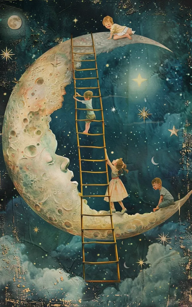 The image depicts a crescent moon with a ladder leading up to its peak. Four children are climbing the ladder, two are already on the moon, one is climbing, and one is about to start. The background is a dark blue sky with stars and a single, full moon. The image evokes a sense of wonder and imagination.