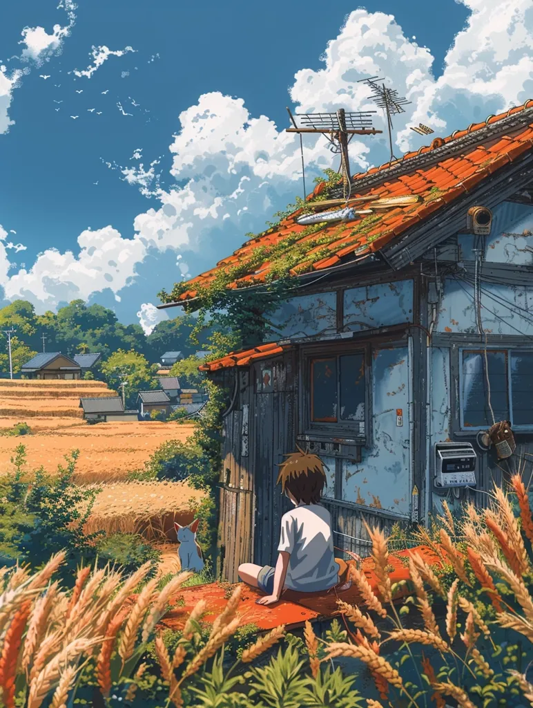 The image depicts a young person sitting on a porch overlooking a field of golden wheat. They are accompanied by a small, white cat. The scene is framed by a worn wooden house and a backdrop of lush green foliage, while a bright blue sky dotted with fluffy clouds hangs above. The overall atmosphere is serene and peaceful, suggesting a quiet moment of contemplation in a tranquil setting.