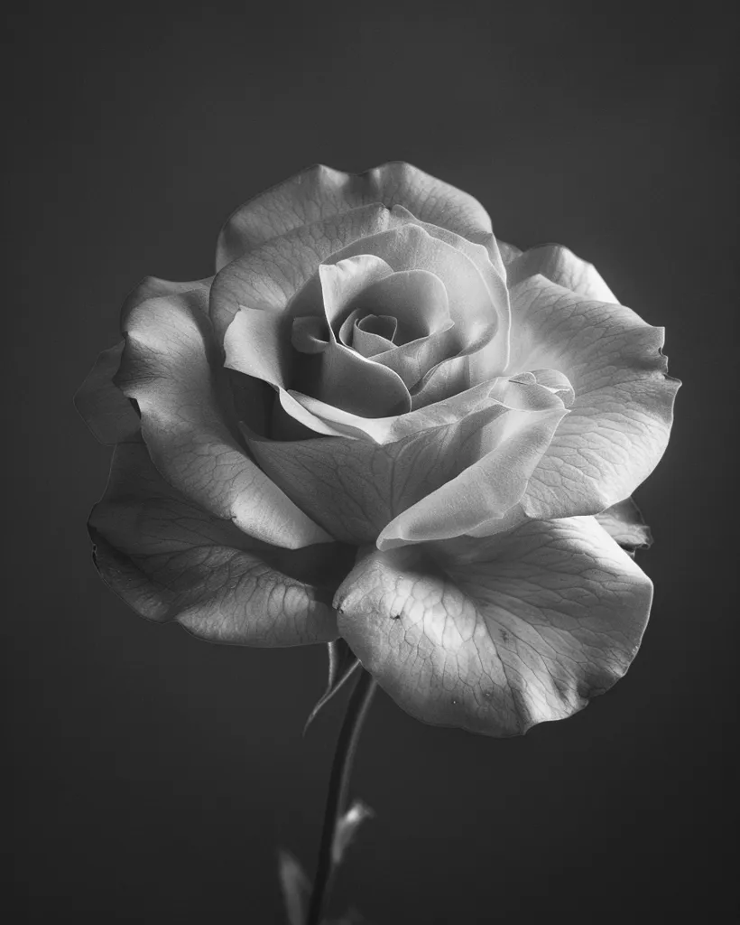 A single rose, captured in black and white, stands out against a dark background. Its delicate petals are curled inward, revealing the intricate details of its center. The soft light highlights the texture of the petals, creating a sense of depth and beauty.