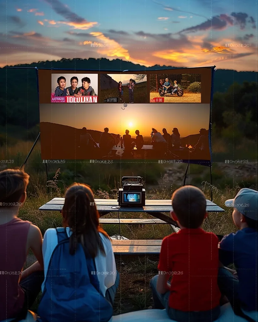A group of friends are enjoying a movie night outdoors. They are sitting on a wooden picnic table and watching a movie projected onto a large screen. The screen shows a movie with a group of people, a sunset, and the word "IDEALXAM". The sunset in the background is vibrant and beautiful, and the atmosphere is relaxed and enjoyable.